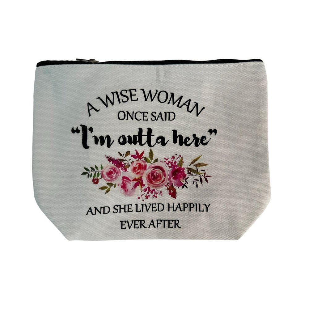 I'm Outta Here Zipper Bag OS Beige Canvas Fabric Printed Floral 7 inch x 9 inch